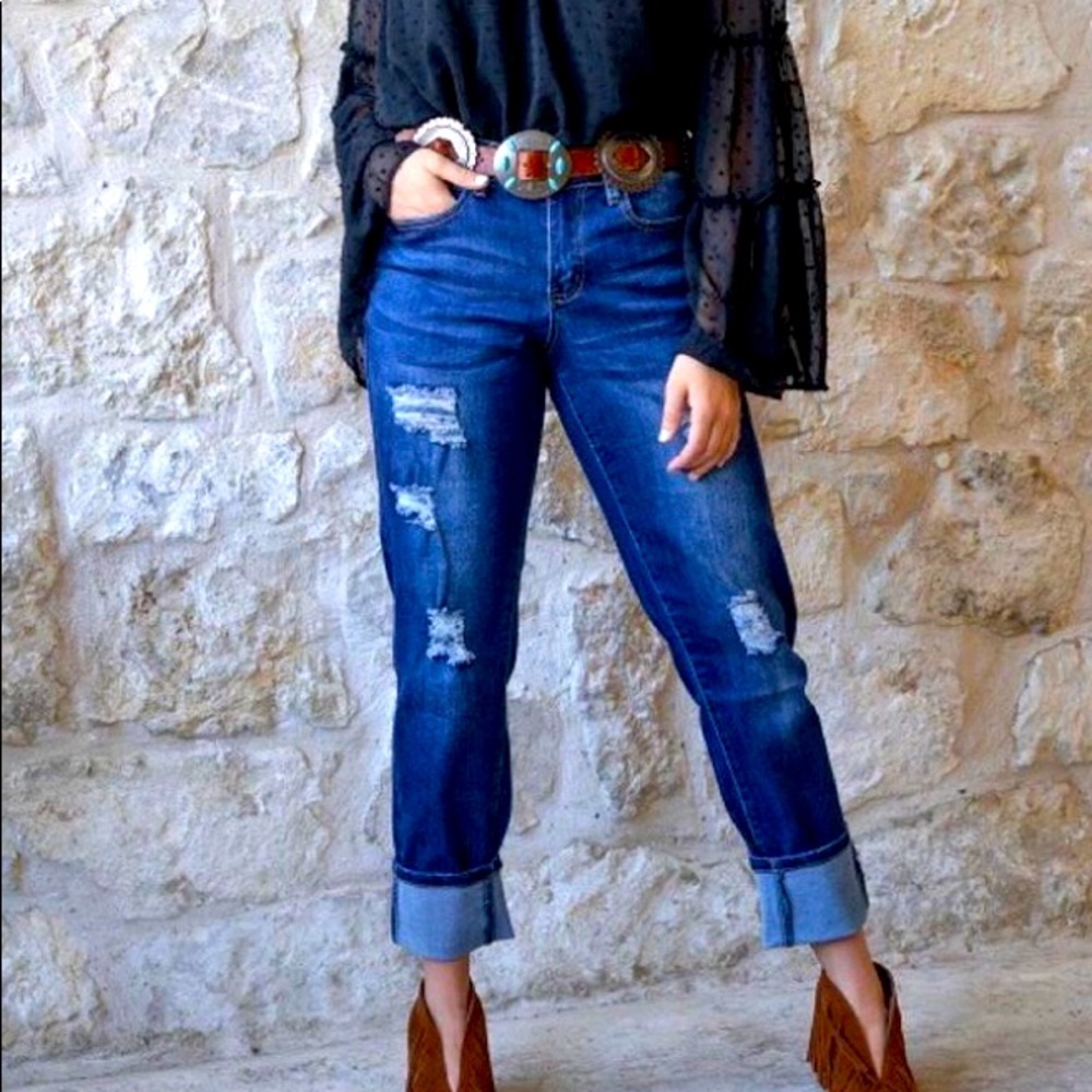 Dark wash distressed boyfriend jeans by L&B